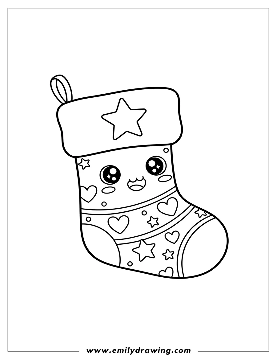 Free to print drawing of cute Kawaii Christmas Stocking with a happy face, a star on its cuff, and heart patterns