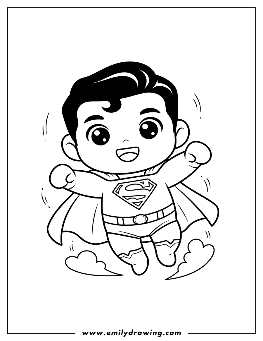 Printable coloring page of cute Kawaii Superman Scaled flying, wearing a cape