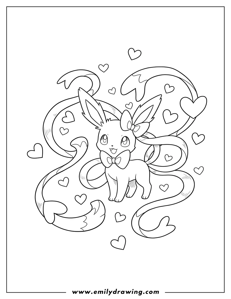 Printable line art of cute Kawaii Sylveon standing with ribbons, surrounded by hearts