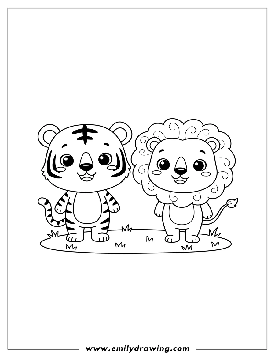 Printable line art of cute Kawaii Tiger and Lion standing side-by-side on grass, smiling