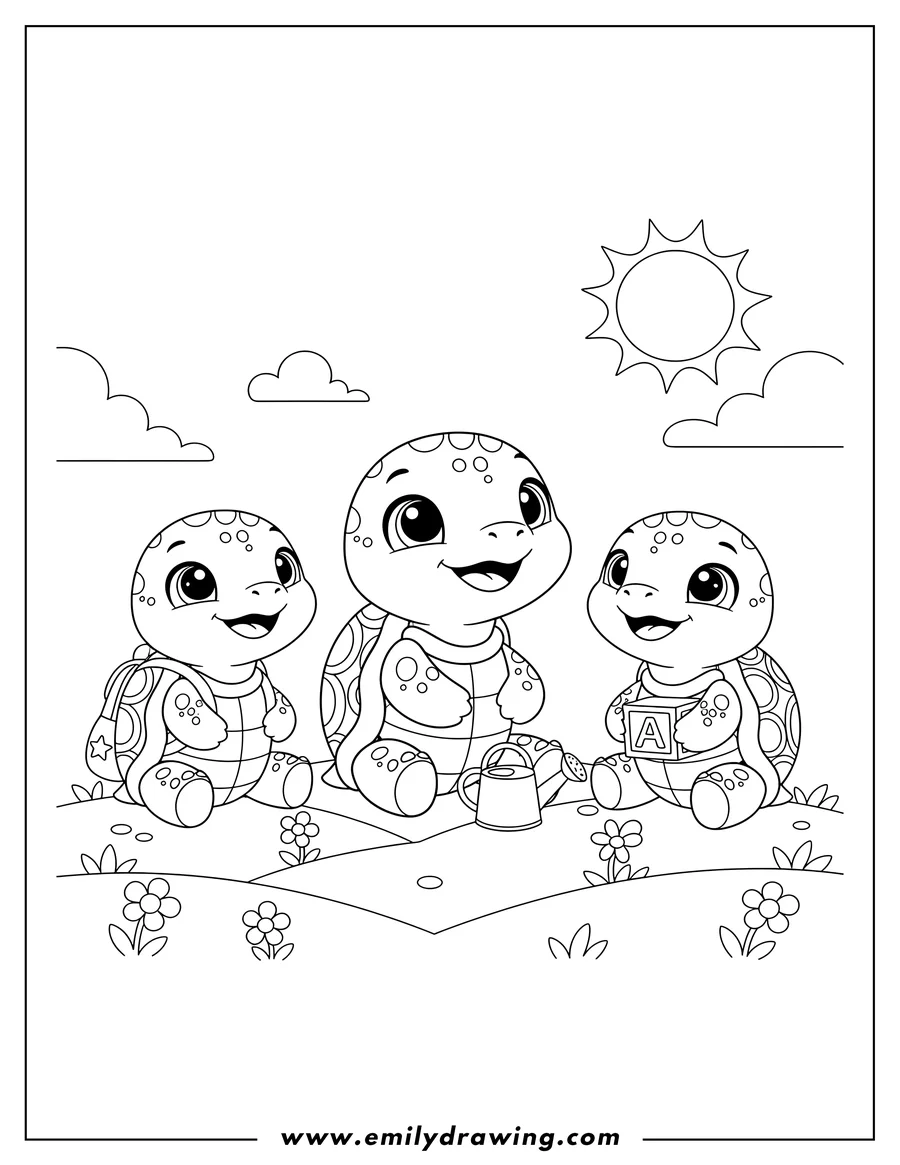 Simple sketch of cute Kawaii Turtle Preschoolers Scaled, sitting, smiling, and looking up to color