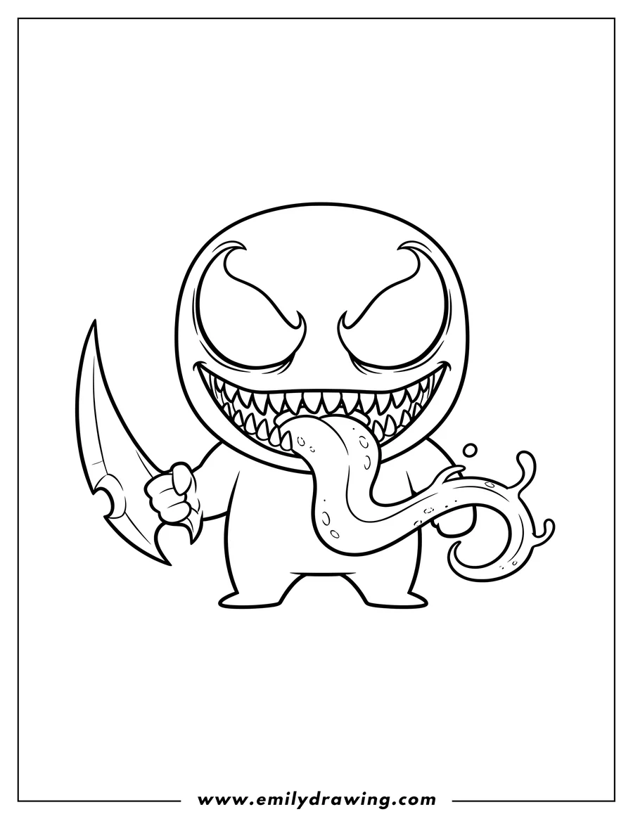 Black and white line art of cute Kawaii Venom with an open mouth, long tongue, and a symbiote blade