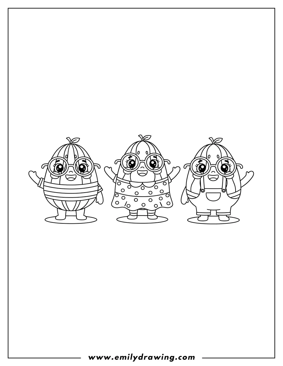 Vector style outline of cute Kawaii Watermelon Preschoolers Scaled, wearing glasses, smiling, and waving