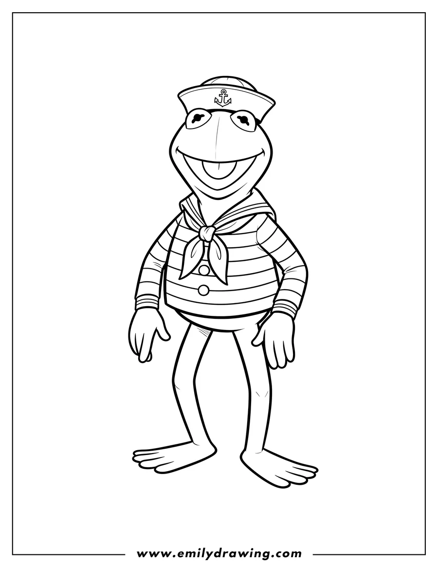 Coloring page for kids: cute Kermit Frog in a Sailor Uniform, standing and smiling