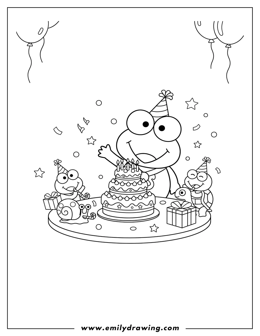 Full page coloring image of keroppi and friends celebrating around a table with a tiered cake