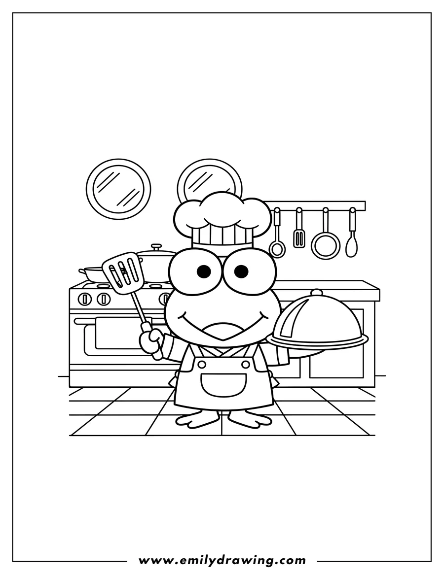 Printable line art of cute Keroppi cooking in a kitchen, holding a spatula and a covered dish