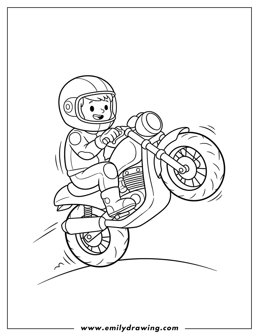 Free printable coloring sheet of motorcycle doing a wheelie with a rider in a helmet, front wheel lifted