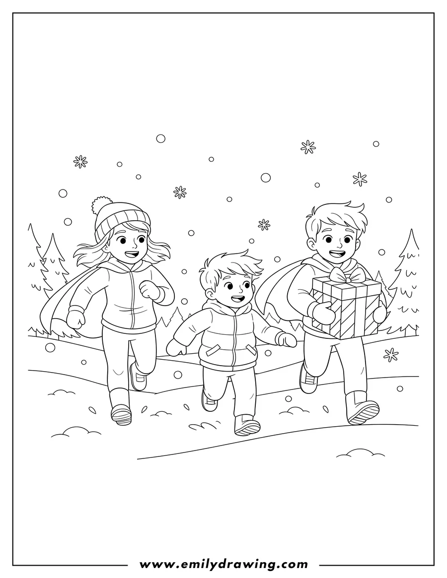Simple sketch of lonely Boy, Hero Girl, and Hero Boy running joyfully through the snow, Hero Boy carrying a striped gift box to color