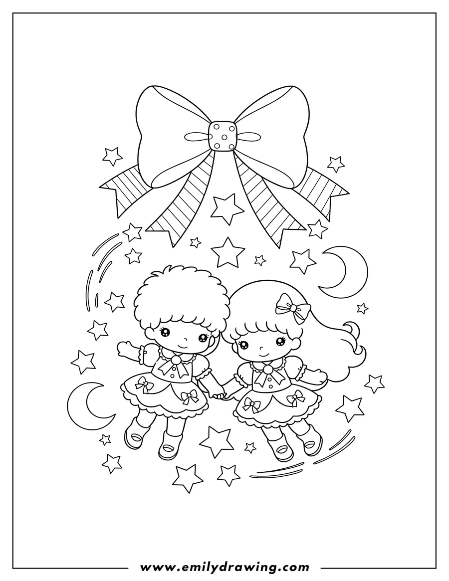 Free to print drawing of cute Kiki And Lala Little Twin Stars floating among stars with a large bow