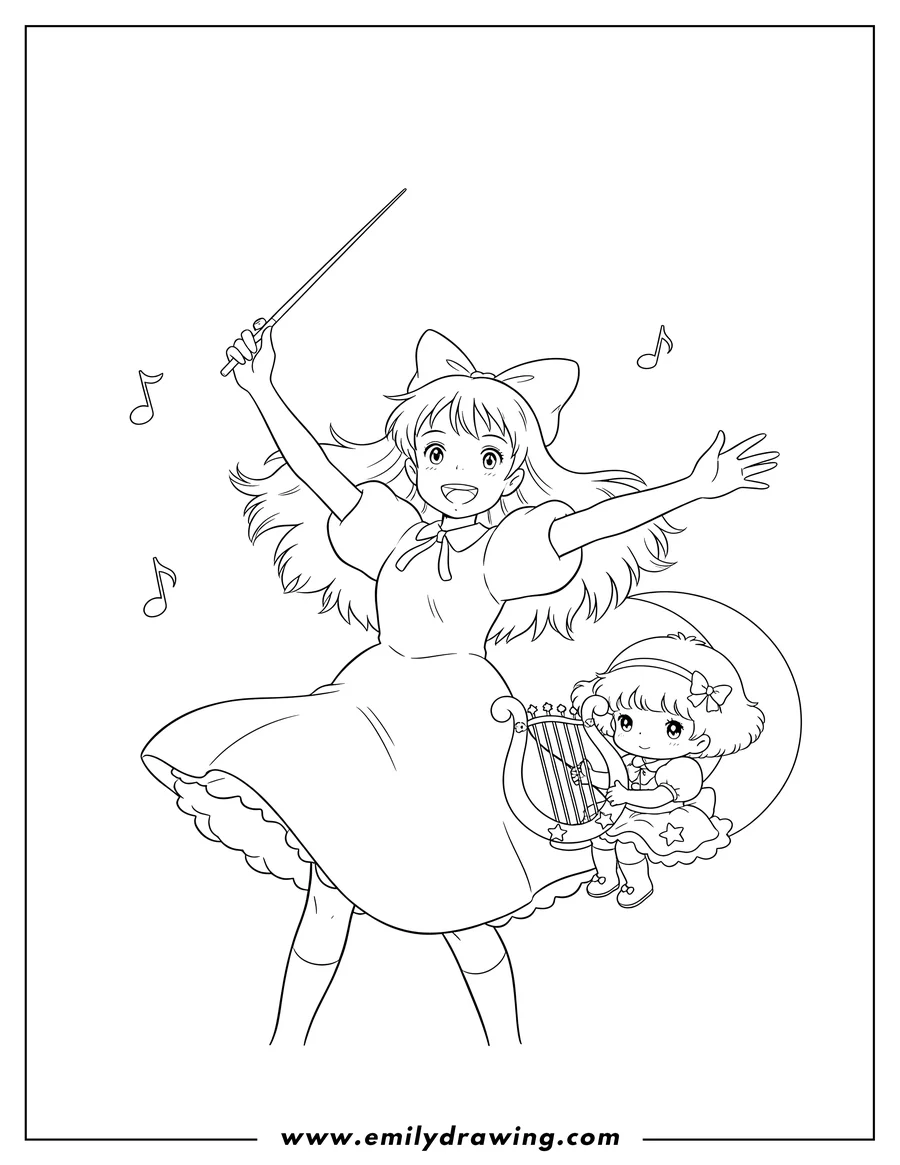 Black and white line art of kiki conducting with a baton while Lala plays a moon harp