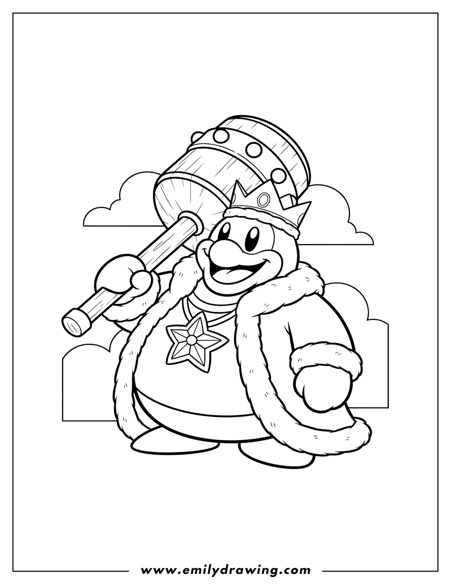 Vector style outline of cute King Dedede smiling, holding hammer over shoulder, Nintendo