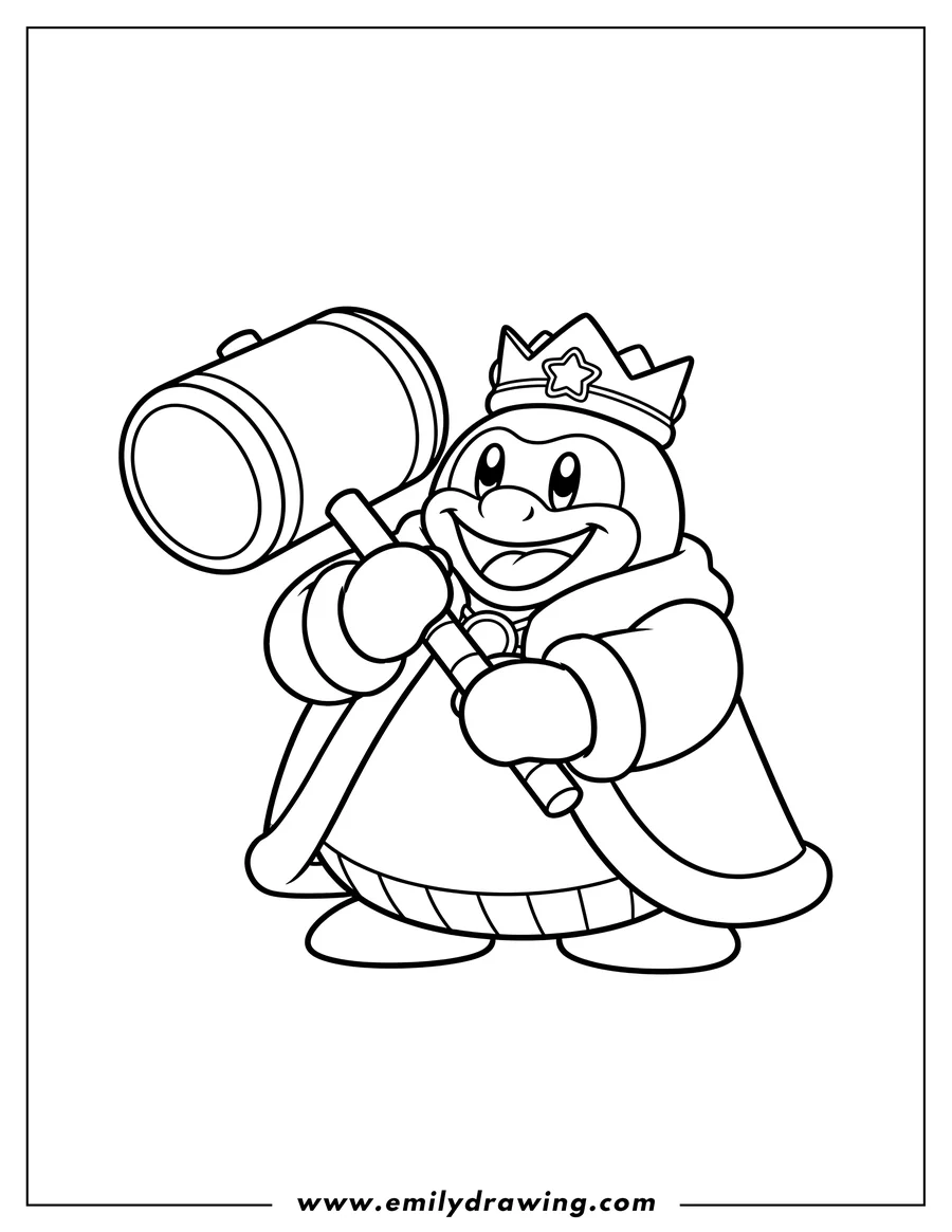 Linear illustration of cute King Dedede smiling and holding his hammer on his shoulder