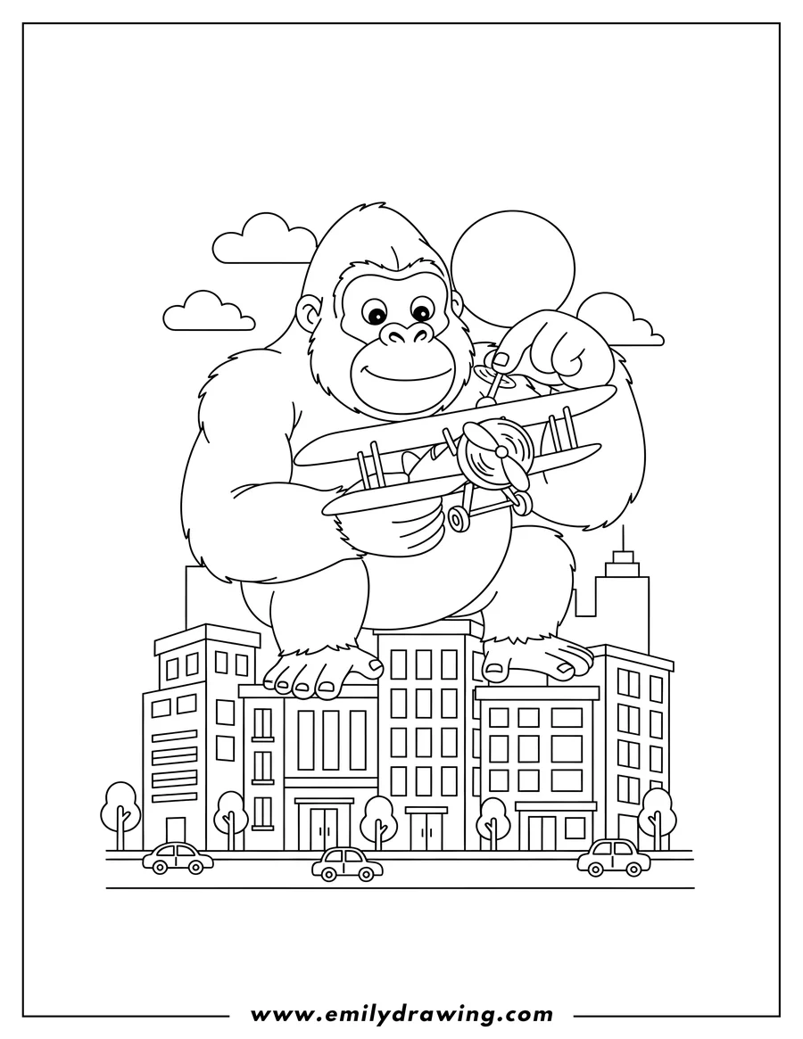 Linear illustration of king Kong holding and playing with a biplane over a city