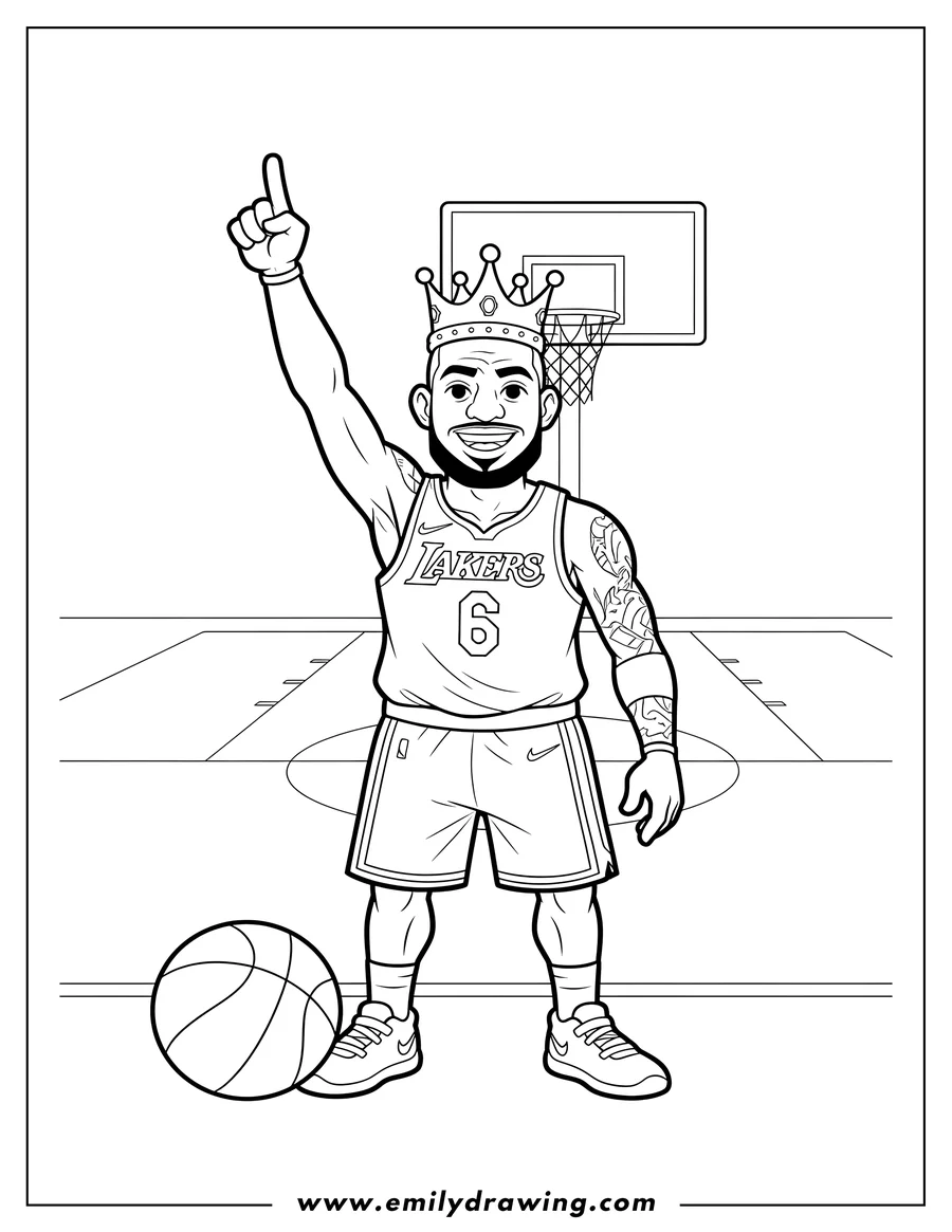 Vector style outline of king Lebron James To Color Scaled wearing a Lakers jersey number 6, with his arm raised and finger pointing up