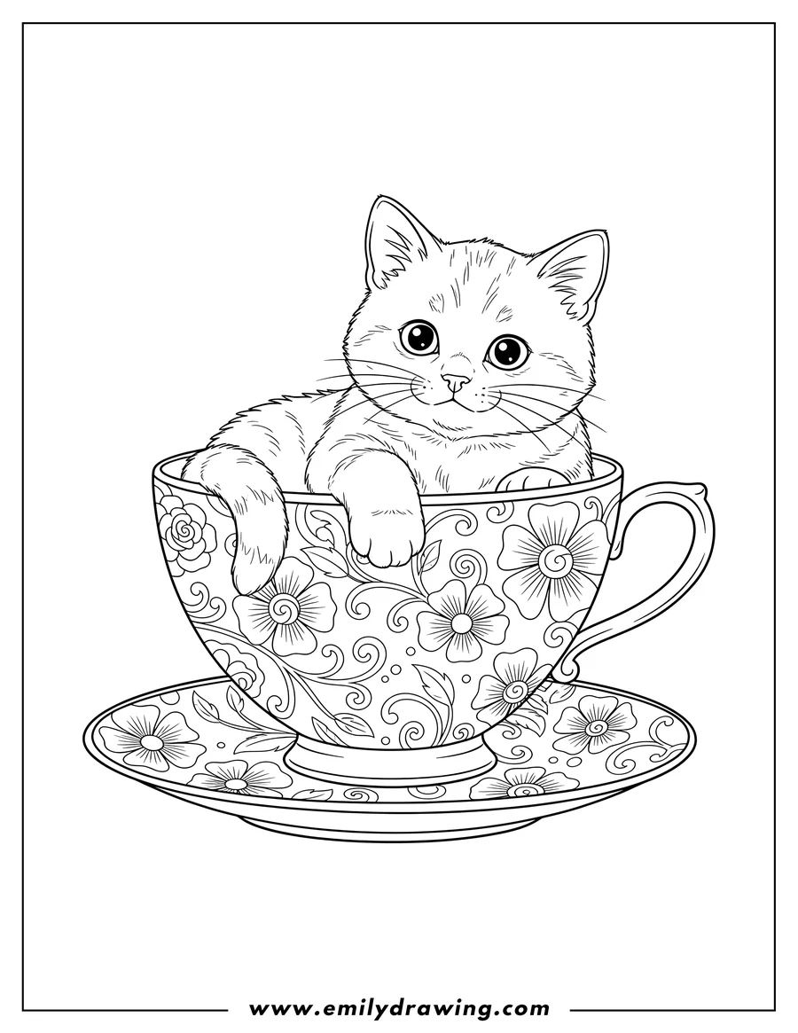 Doodle style coloring picture of kitten sitting in a fancy teacup with floral patterns