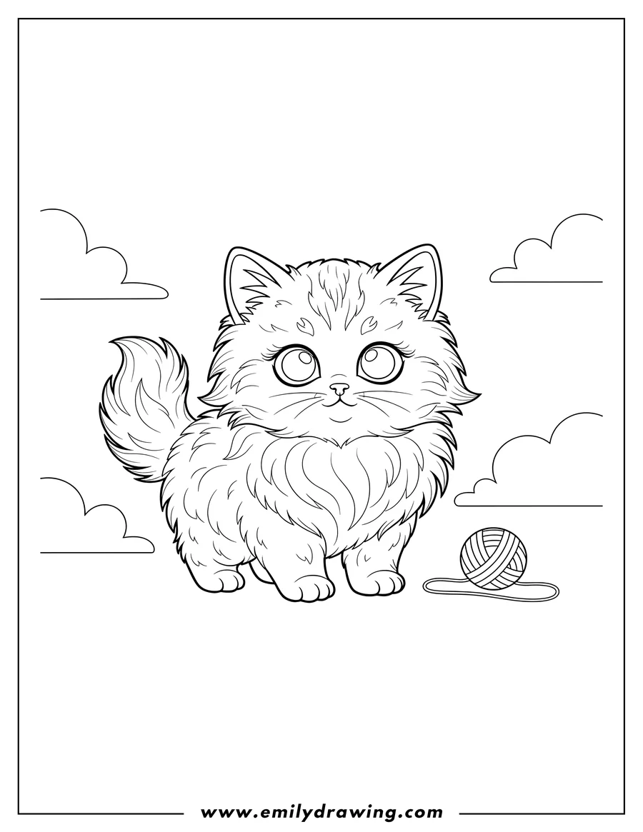 Outline drawing of fluffy Kitten standing with large eyes