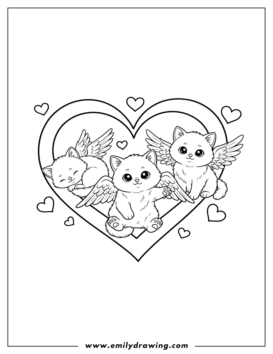 Clean line drawing: cute Kittens with Wings Inside Love Heart