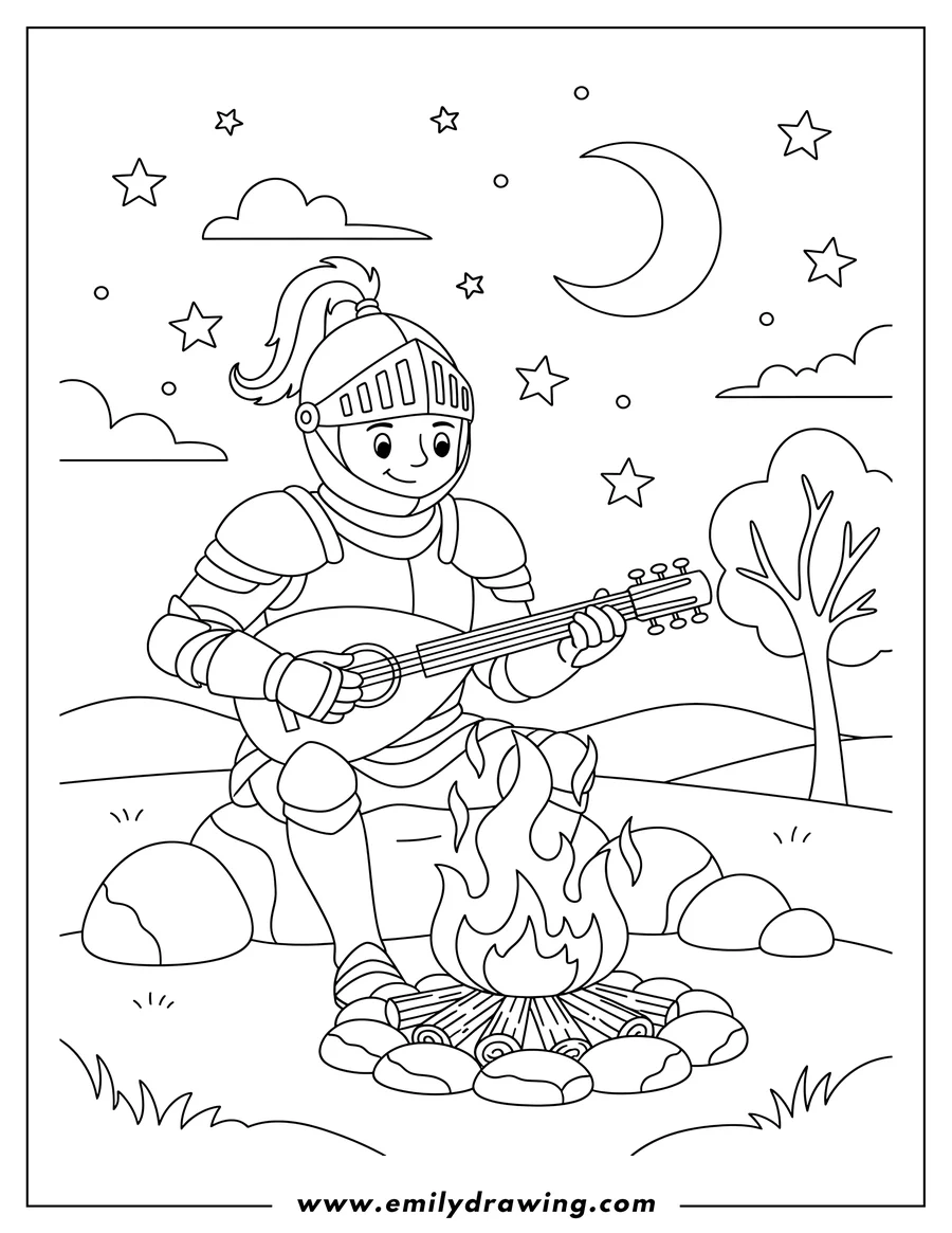 Coloring page of knight in armor playing lute by campfire under starry sky