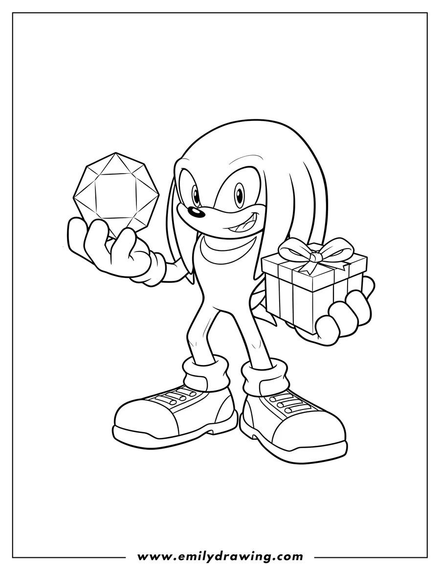 Free printable coloring sheet of knuckles holding a Chaos Emerald and a wrapped object, smiling