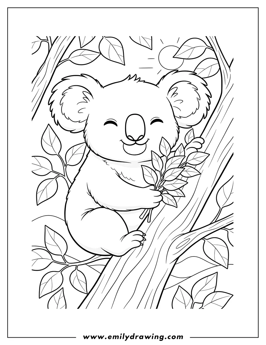 Vector style outline of cute Koala Scaled, sitting in a tree and holding a leafy branch