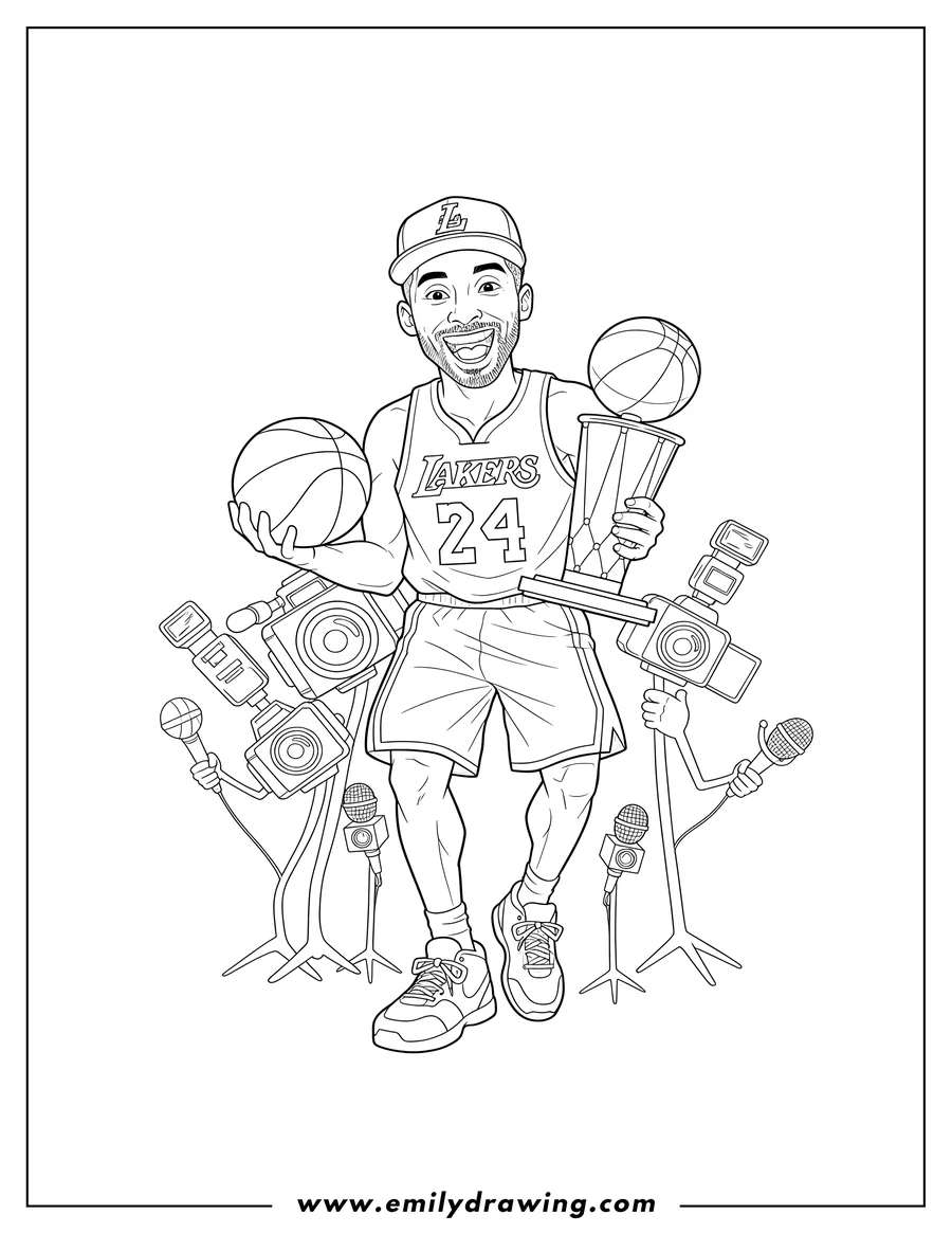Coloring sheet featuring kobe Bryant with an excited expression, wearing a Lakers cap, holding a basketball and a championship trophy, surrounded by cameras and microphones