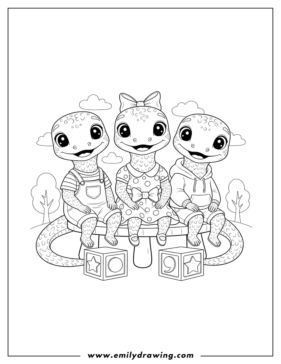 Printable line art of cute Komodo Dragon Preschoolers sitting and smiling with big shiny eyes