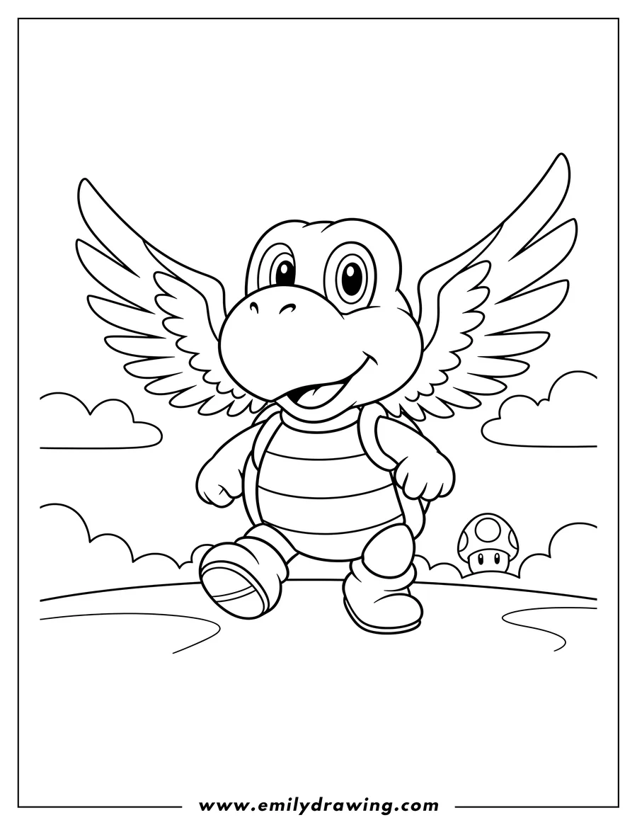 Coloring page of cute Koopa Troopa With Wings Walking