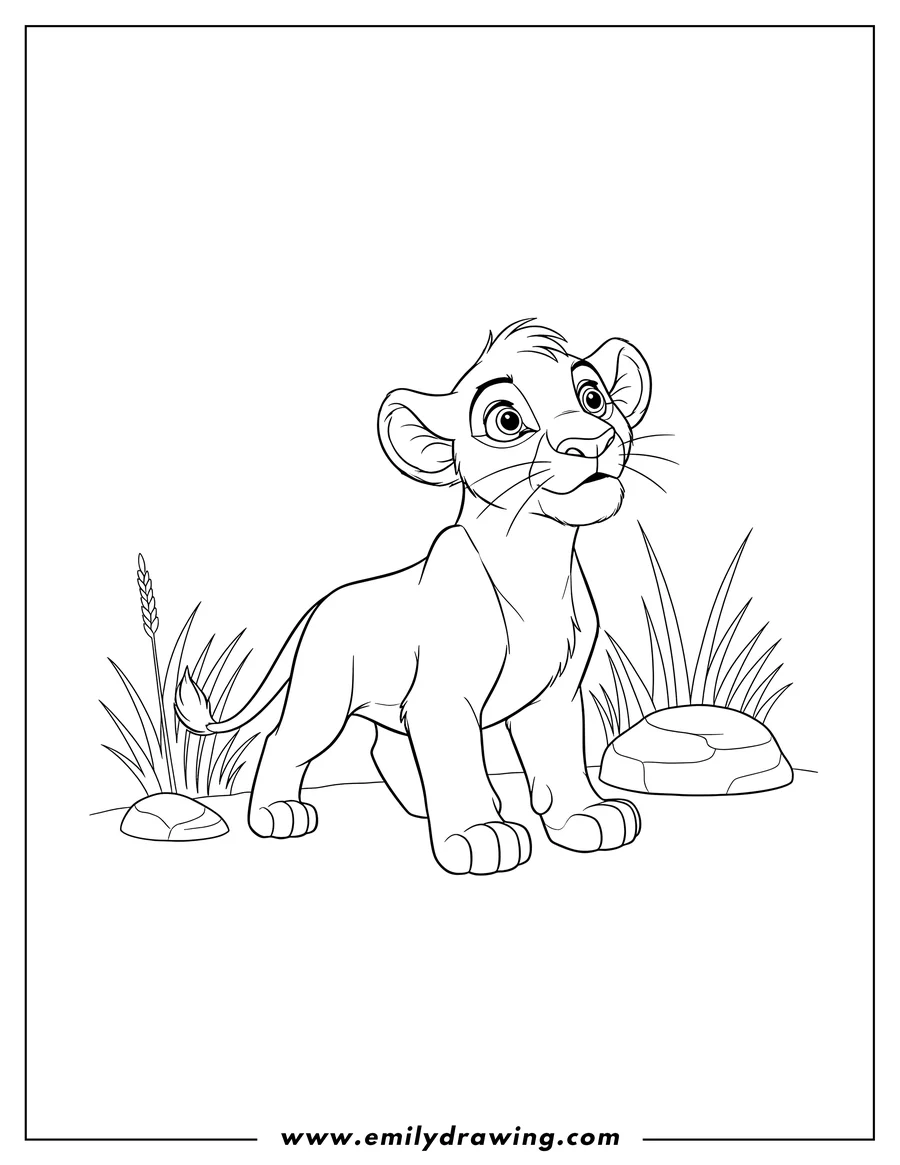 Printable coloring page of kovu As Cub, standing and looking up curiously