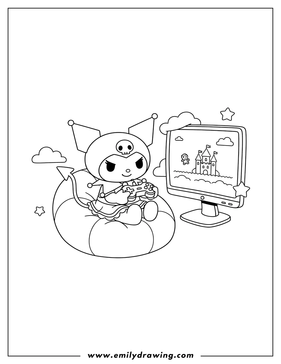 Full page coloring image of cute Kuromi playing a video game, sitting and holding a controller