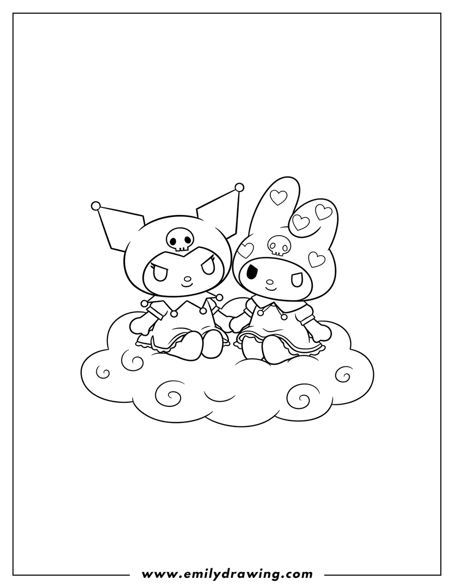 High quality printable kuromi with skull hat and My Melody with heart-patterned hood holding hands on cloud for coloring