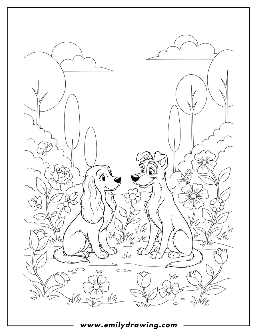 Coloring sheet featuring lady And Tramp sitting and looking at each other in a flower garden