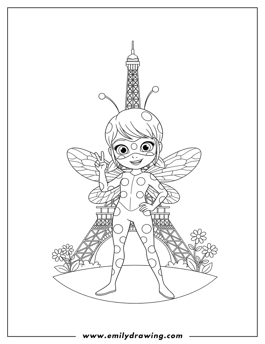 Clean line drawing: ladybug in front of the Eiffel Tower, making a peace sign and with a hand on her hip