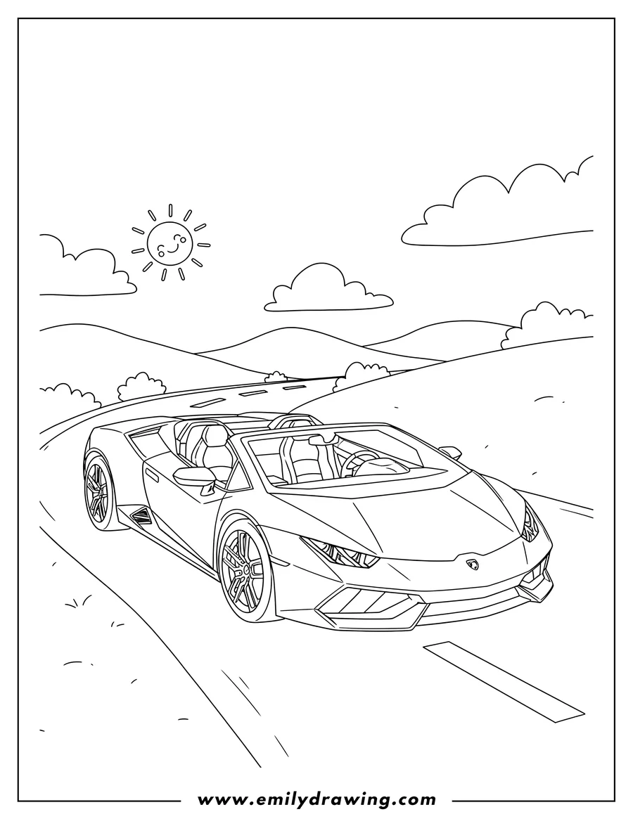 Outline drawing of lamborghini convertible driving on a road