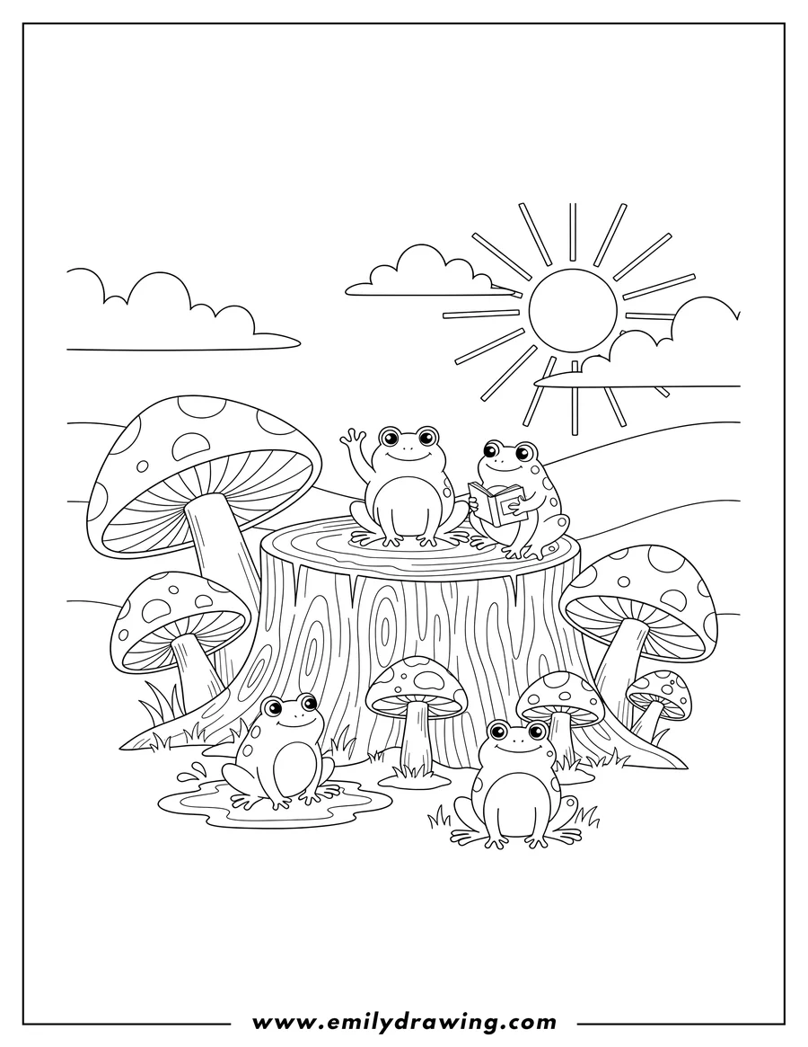 Coloring page of cute Landscape With Mushrooms And Frogs, with frogs sitting on a tree stump and the ground