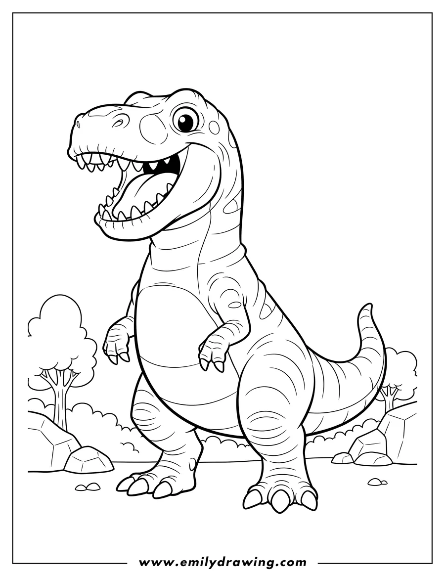 Coloring page for kids: large Cartoon Gigantosaurus standing with an open mouth showing teeth