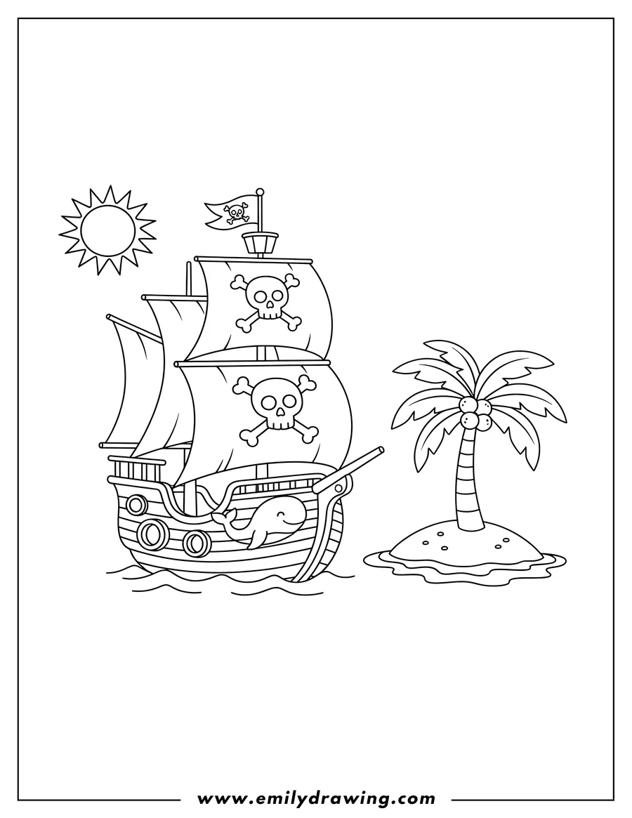 Coloring sheet featuring large Cartoon Pirate Ship with skull and crossbones sails sailing near an island with a palm tree