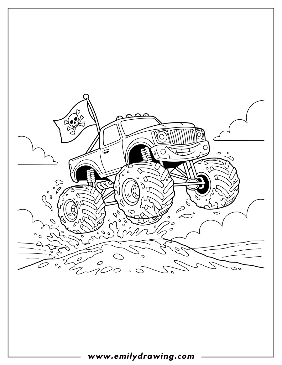 High quality printable large Monster Truck With Pirate Flag, jumping and muddy for coloring