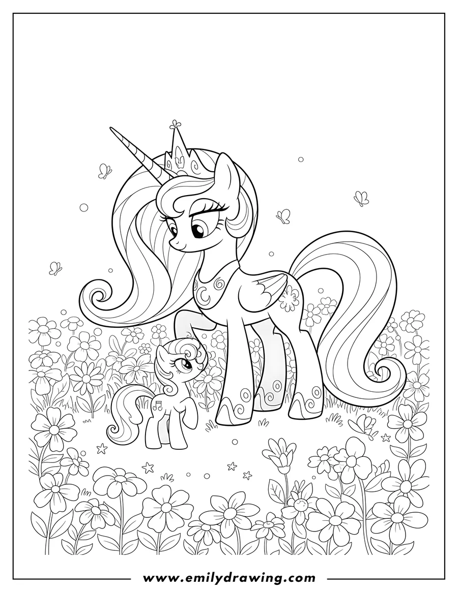 Vector style outline of large Princess Luna and small Sweetie Belle looking at each other in a flower field