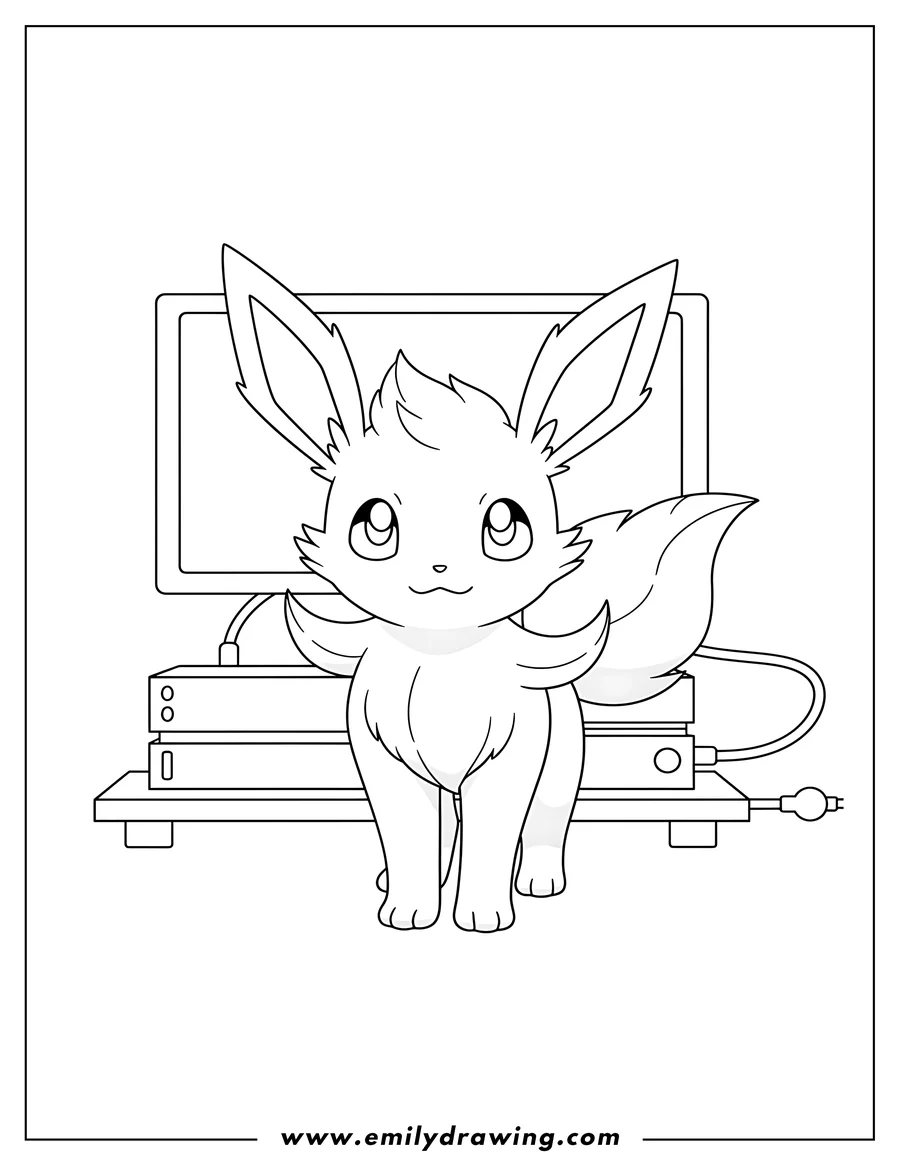 Printable line art of leafeon standing and facing forward with a cute expression in front of game consoles