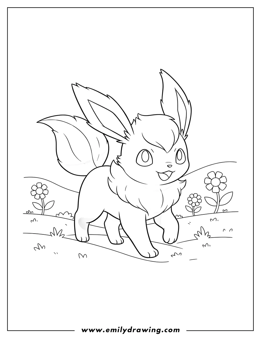 Doodle style coloring picture of cute Leafeon trotting, looking ahead with a gentle smile
