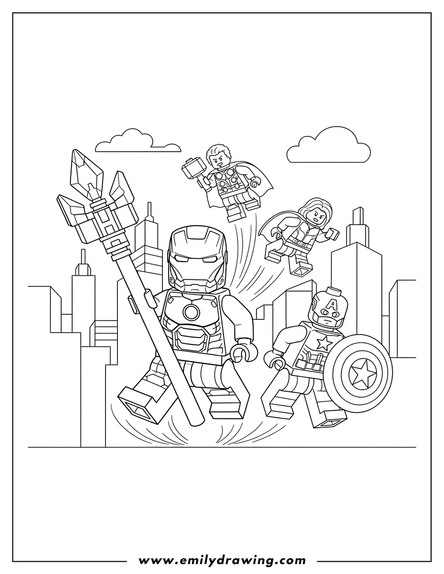 Black and white line art of lego Avengers Superhero, featuring Iron Man holding a staff, Captain America with a shield, and other heroes flying into action