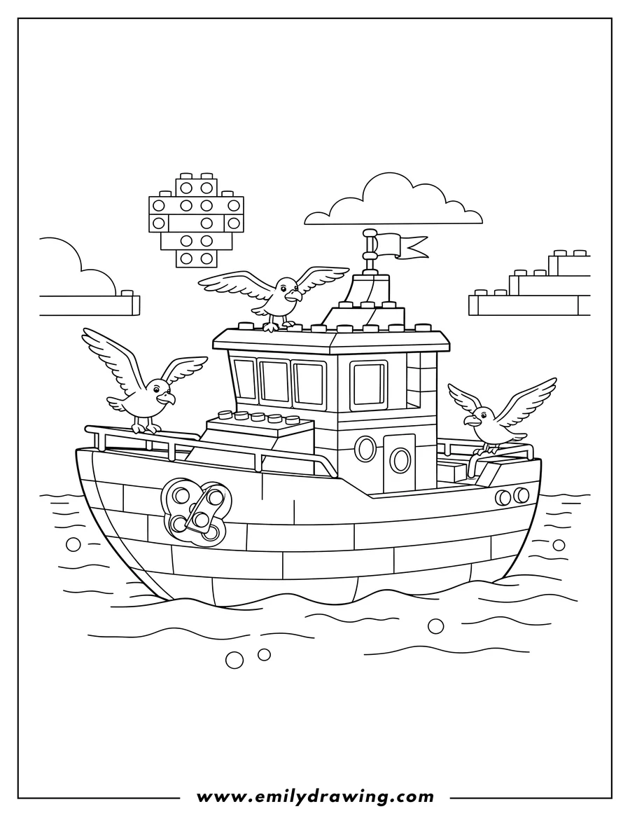 Coloring page of lego Boat Scaled, a yacht with seagulls
