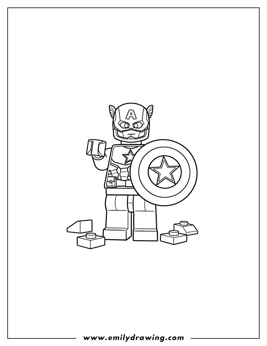 Coloring page for kids: lego Captain America standing, holding his shield