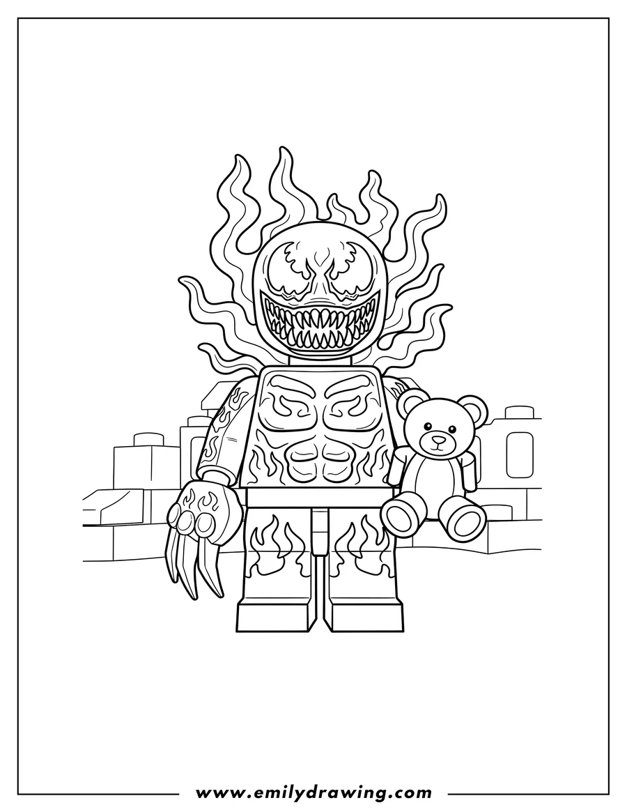 Simple sketch of lego Carnage Preschoolers minifigure with jagged mouth and flame-like patterns to color