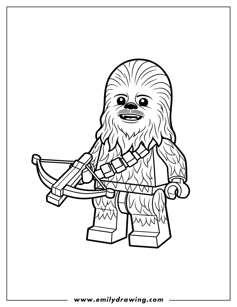 Linear illustration of cute Lego Chewbacca Preschoolers holding a crossbow and wearing a bandolier