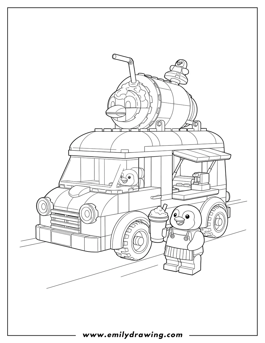 Coloring page for kids: cute Lego City Penguin Slushy Van with a giant drink cup on the roof, and penguin character holding a drink