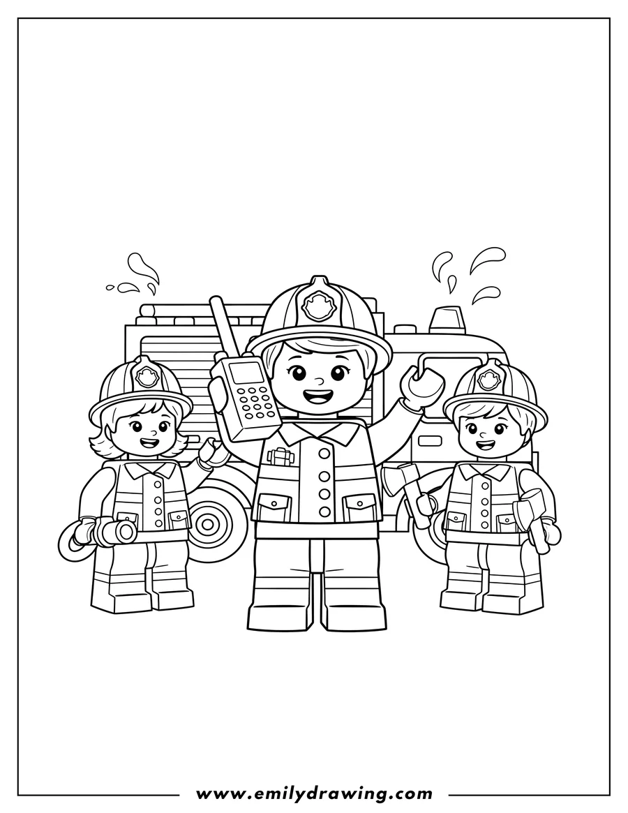 Coloring page of lego Firefighter Preschoolers, smiling and holding a walkie-talkie