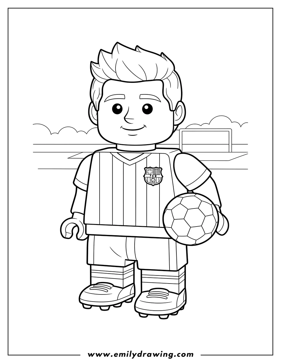 High quality printable cute Lego Footballer Lionel Messi, wearing a striped football jersey with a team crest, standing for coloring