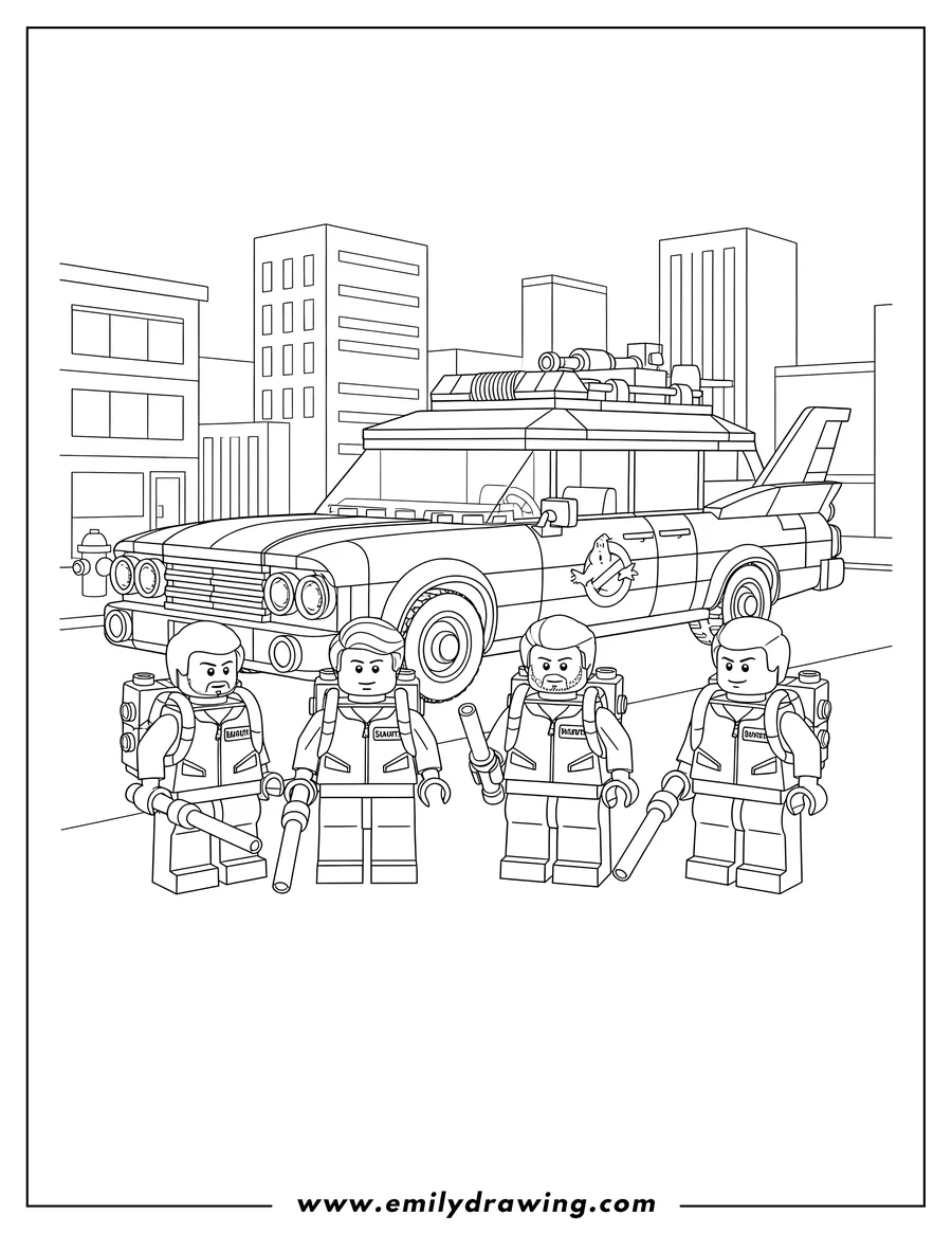 PDF style coloring page: lego Ghostbusters team with proton packs gathered around their Ecto-1 car