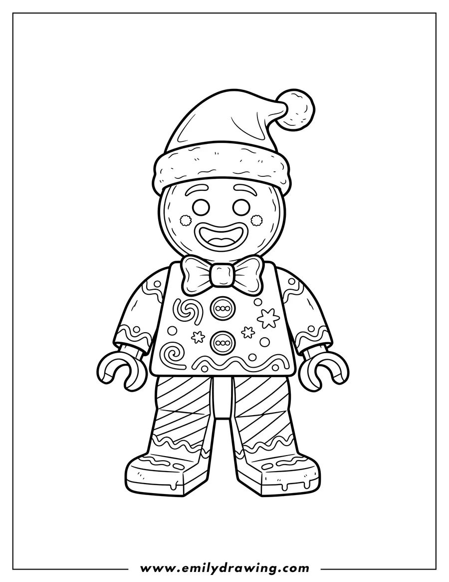 Vector style outline of lego Gingerbread Man Christmas Outfit, standing, with a cheerful face and frosting decorations